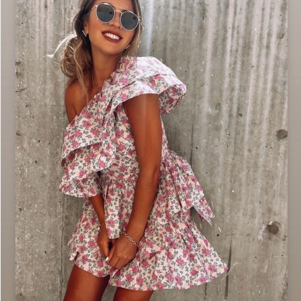 Vici x Gina secret admirer one shoulder ruffle floral pink mini dress Large